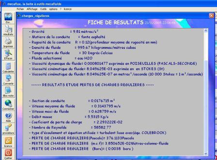 resultat des calculs de perte de charge